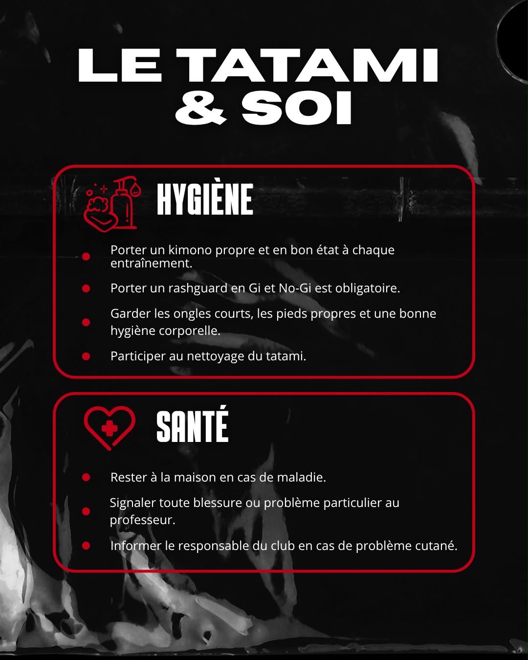 Le Tatami et soi Salut le professeur et chaque partenaire en montant et en sortant du tatami, S'entraîner avec tout le monde, respecter chaque partenaire et contribuer à la bonne ambiance du club, * S’adapter à son partenaire, à son niveau et à son état physique, * Faire passer le contrôle et la sécurité avant l’ego.